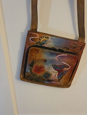 Hand-Painted Multicolor Leather Crossbody Bag - Butterfly Floral Design